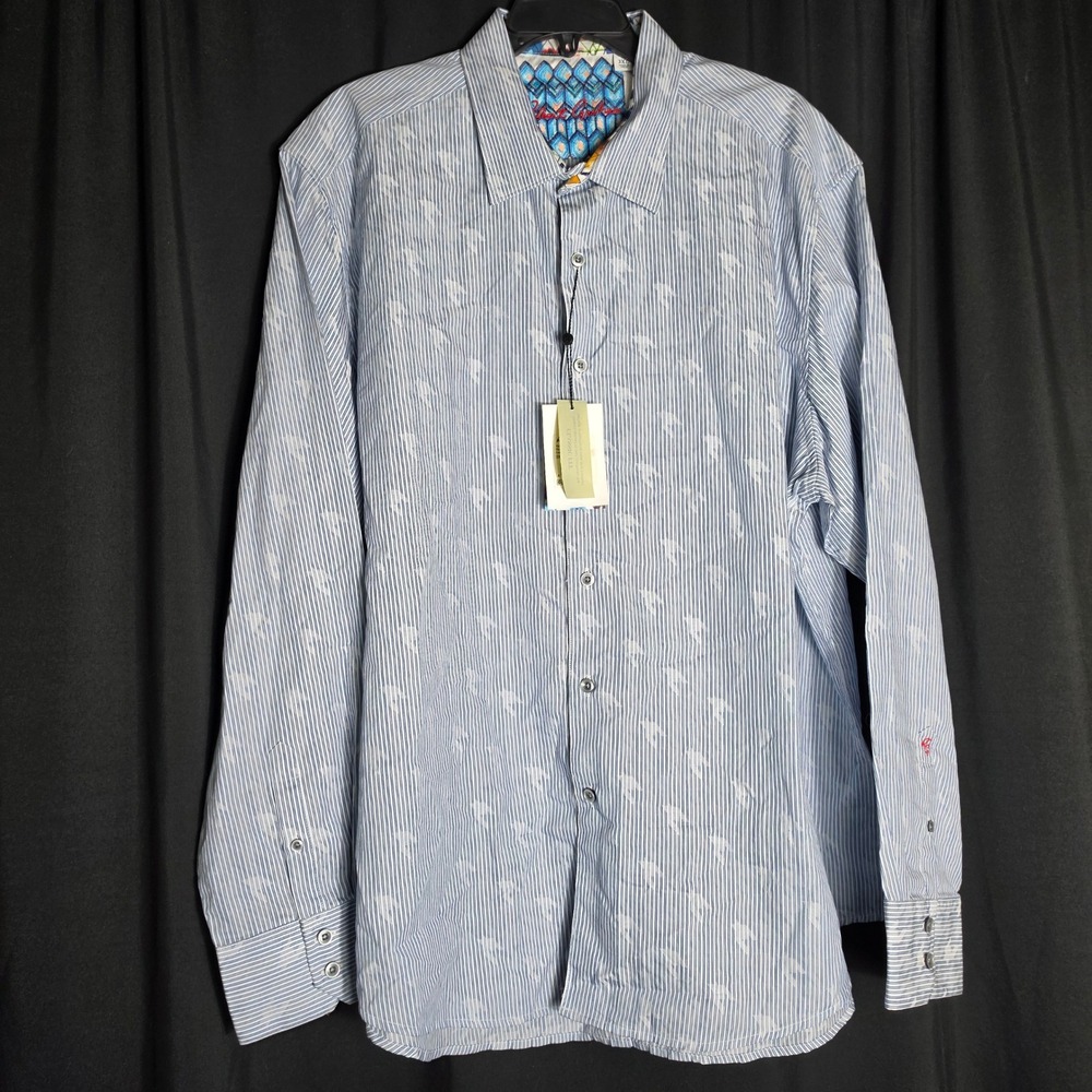 Robert Graham Mens 3XL Blue White Striped Jacquard Bird Classic Fit Shirt NWT